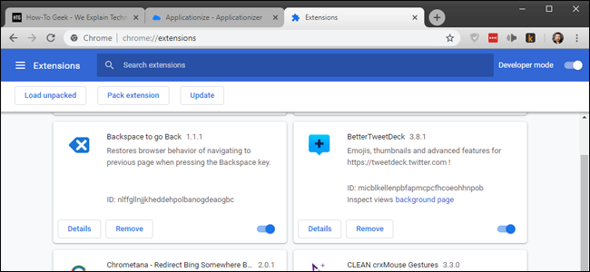 Интерфейс страницы расширений Chrome с включенным режимом разработчика