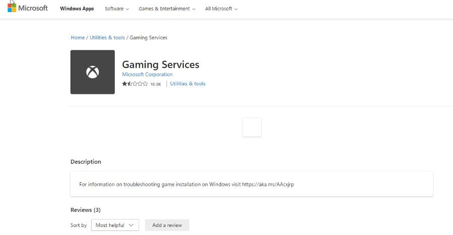 Процесс установки компонента Gaming Services