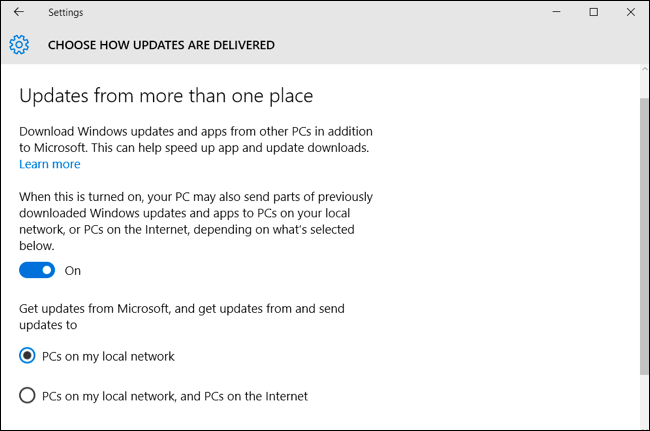 Параметры доставки обновлений в Windows 10