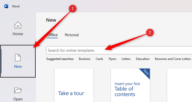 Меню 'New' в Microsoft Word с выделенным полем поиска.