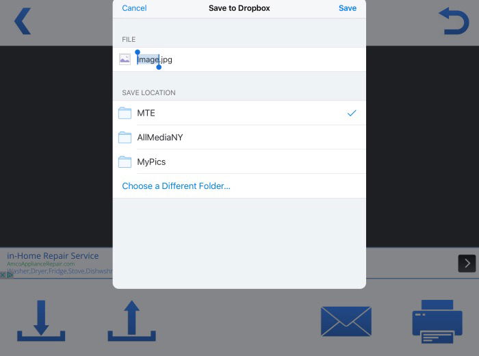 Экран экспорта из Image Size с опцией сохранения в Dropbox и полем для имени файла
