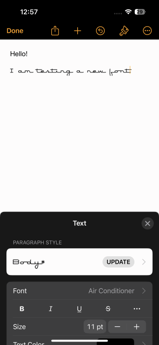 Новый шрифт из Font Diner в Pages на iPhone