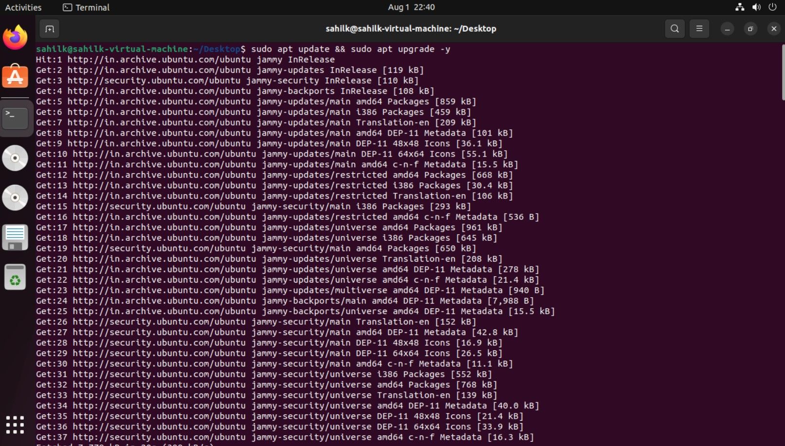 Окно терминала Ubuntu с командами обновления и обновления пакетов
