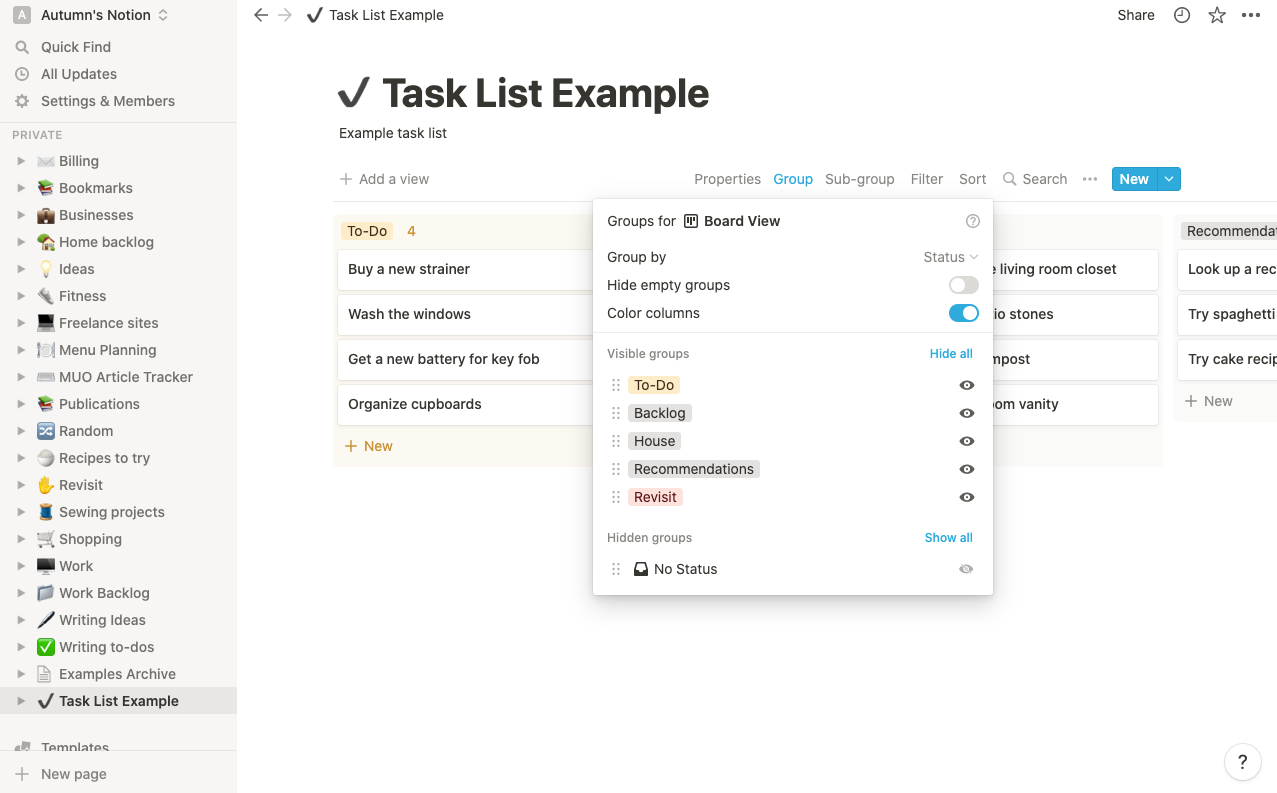 Доска управления проектом с открытым меню опций
