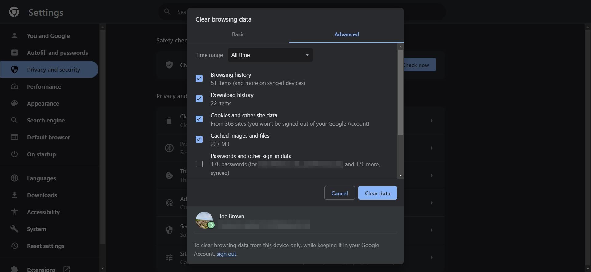 Страница очистки данных браузера в Chrome