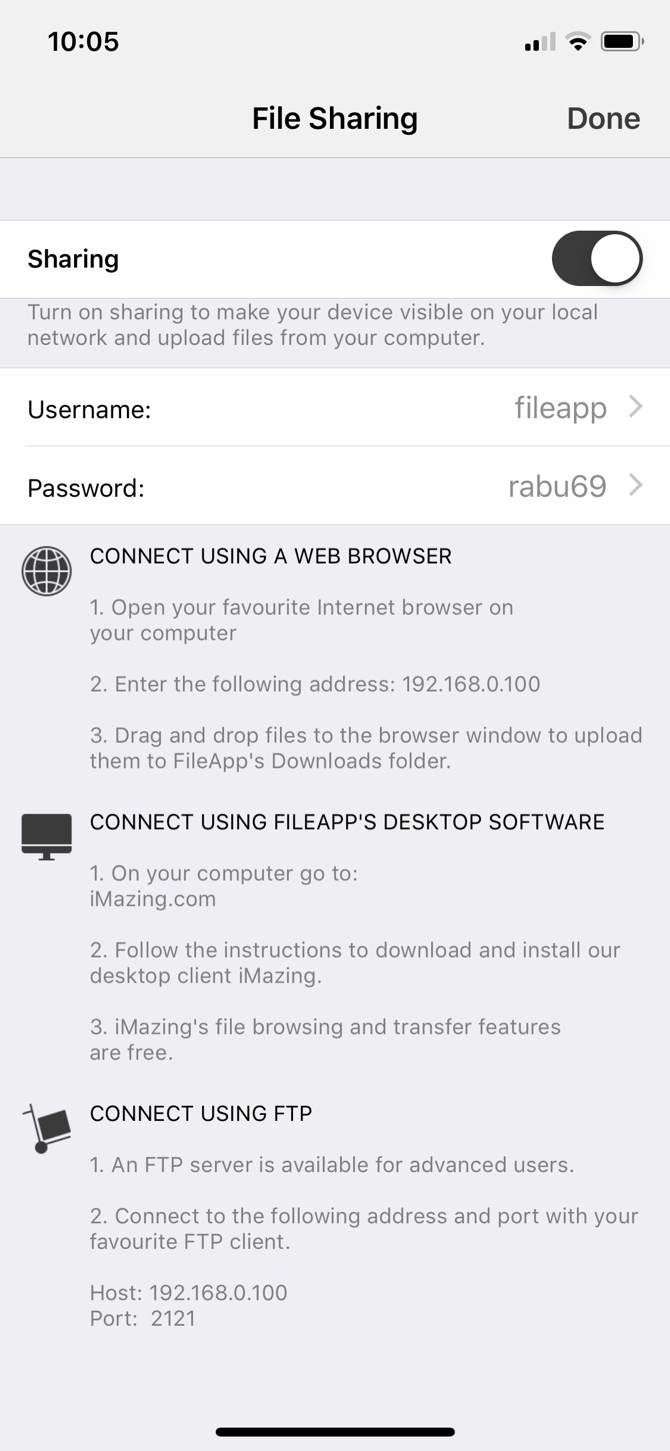 FileApp's File Sharing screen