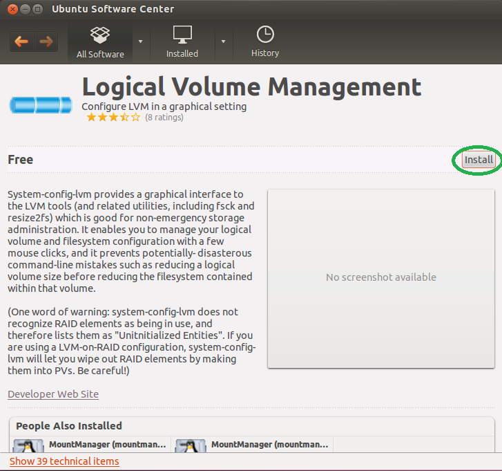 Скриншот: установка system-config-lvm в Ubuntu Software Center