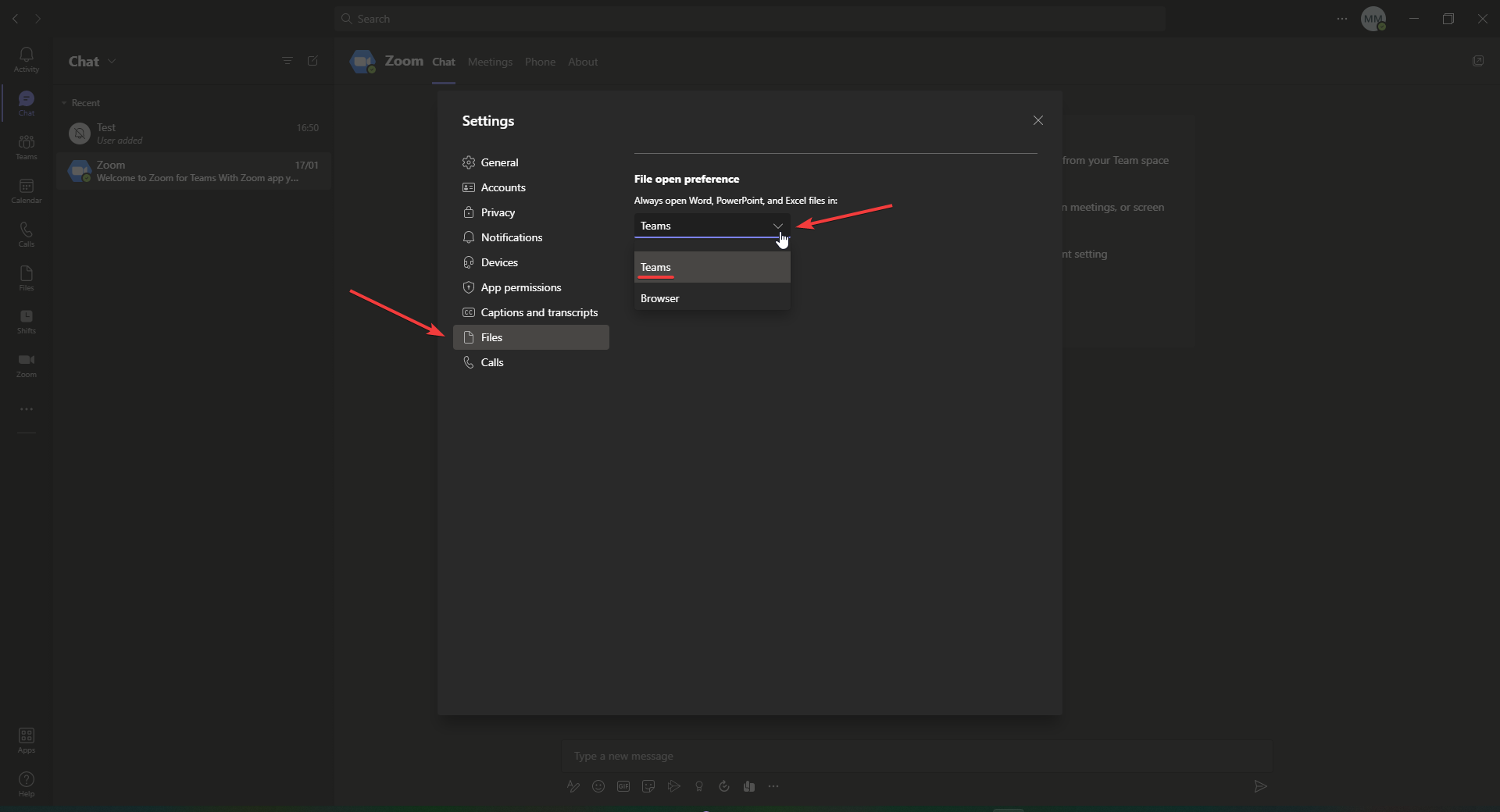 Установка Teams как приложения по умолчанию для открытия файлов.