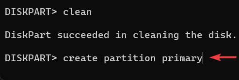 create partition 명령 화면 예시