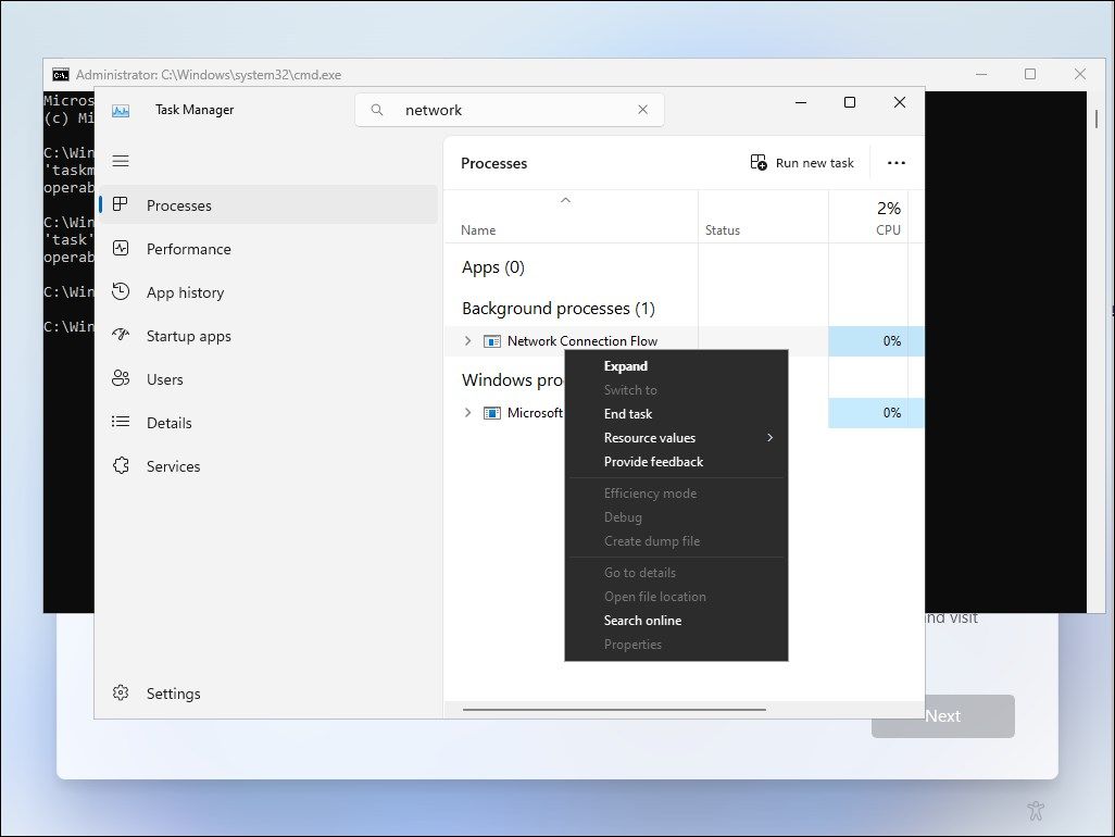 Диспетчер задач Windows 11 с процессом Network Connection Flow