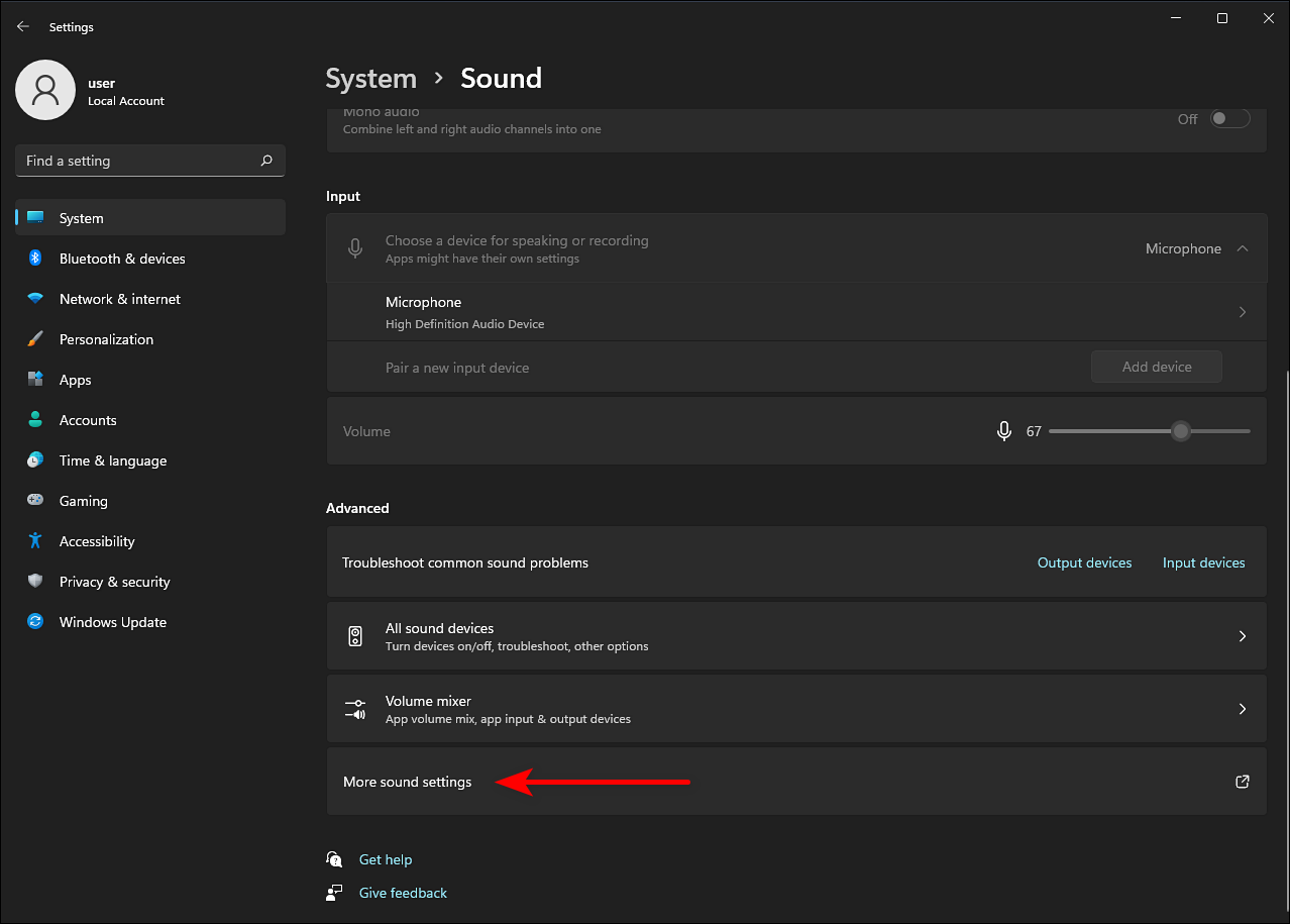 Переход к дополнительным параметрам звука