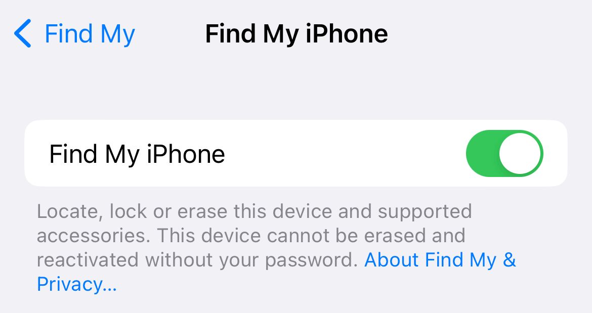 Переключатель функции Найти iPhone в настройках