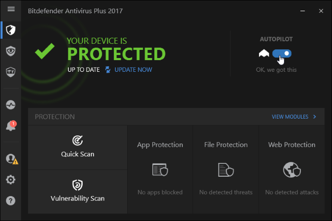 Параметр Autopilot в интерфейсе Bitdefender