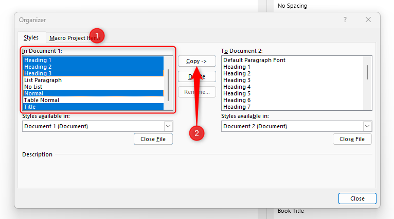Выбор нескольких стилей в Органайзере: Title, Normal, Heading 1, Heading 2, Heading 3