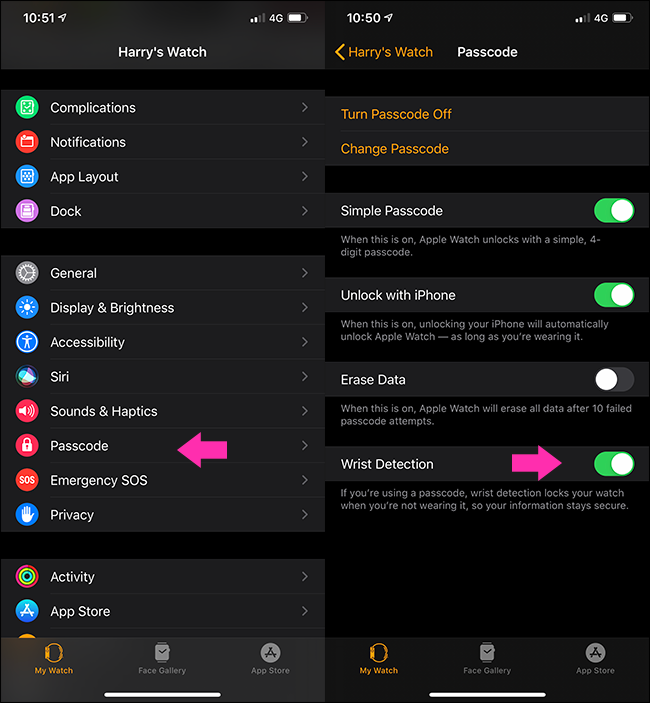 Настройка обнаружения запястья в приложении Watch на iPhone