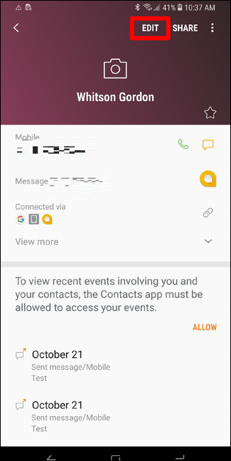 Кнопка Изменить в приложении Контакты Samsung Galaxy
