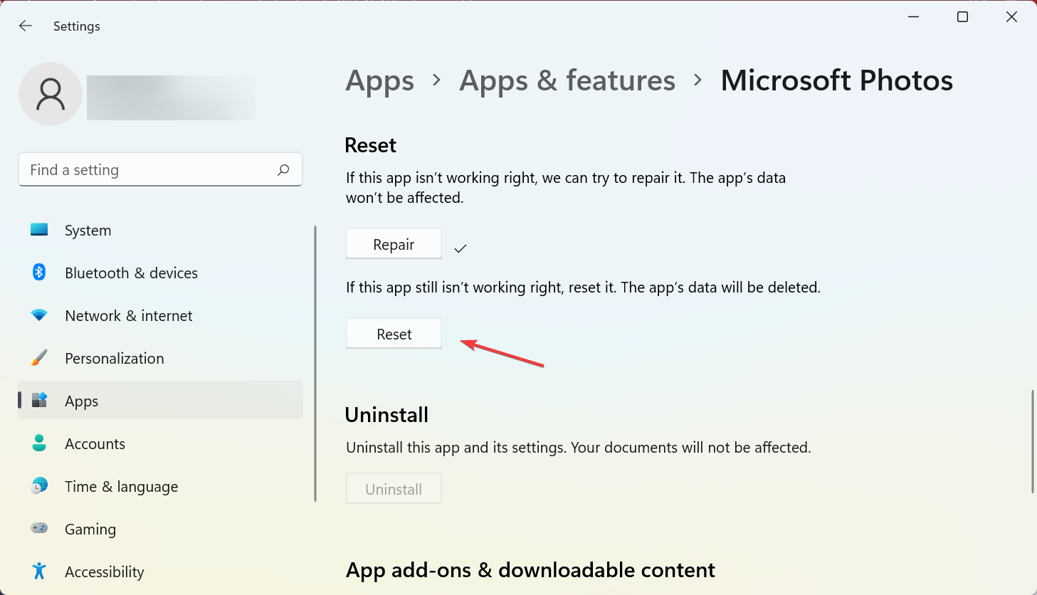 Кнопка Сбросить приложение