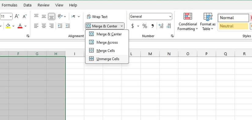 Unmerging cells in Microsoft Excel