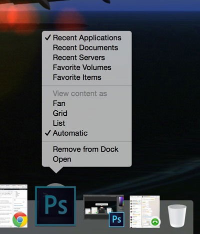 Опции стека «Недавние»: выбор типа содержимого