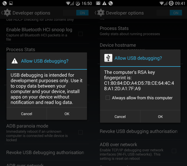Диалог подтверждения отладки по USB на Android