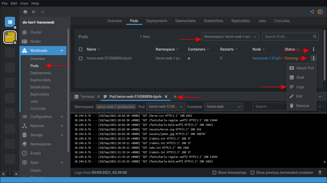 Скриншот просмотра логов Pod в Lens