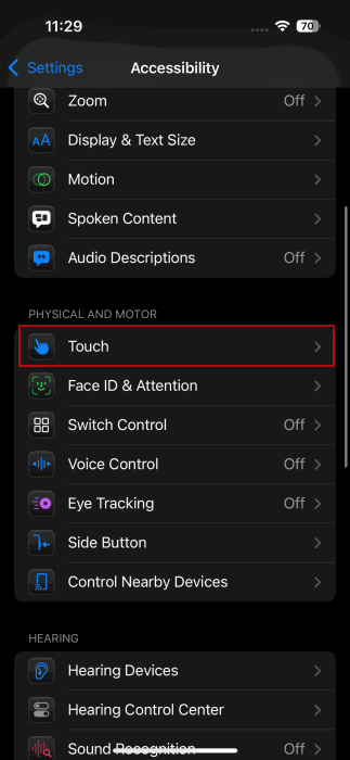 Пункт «Касание» в настройках iPhone