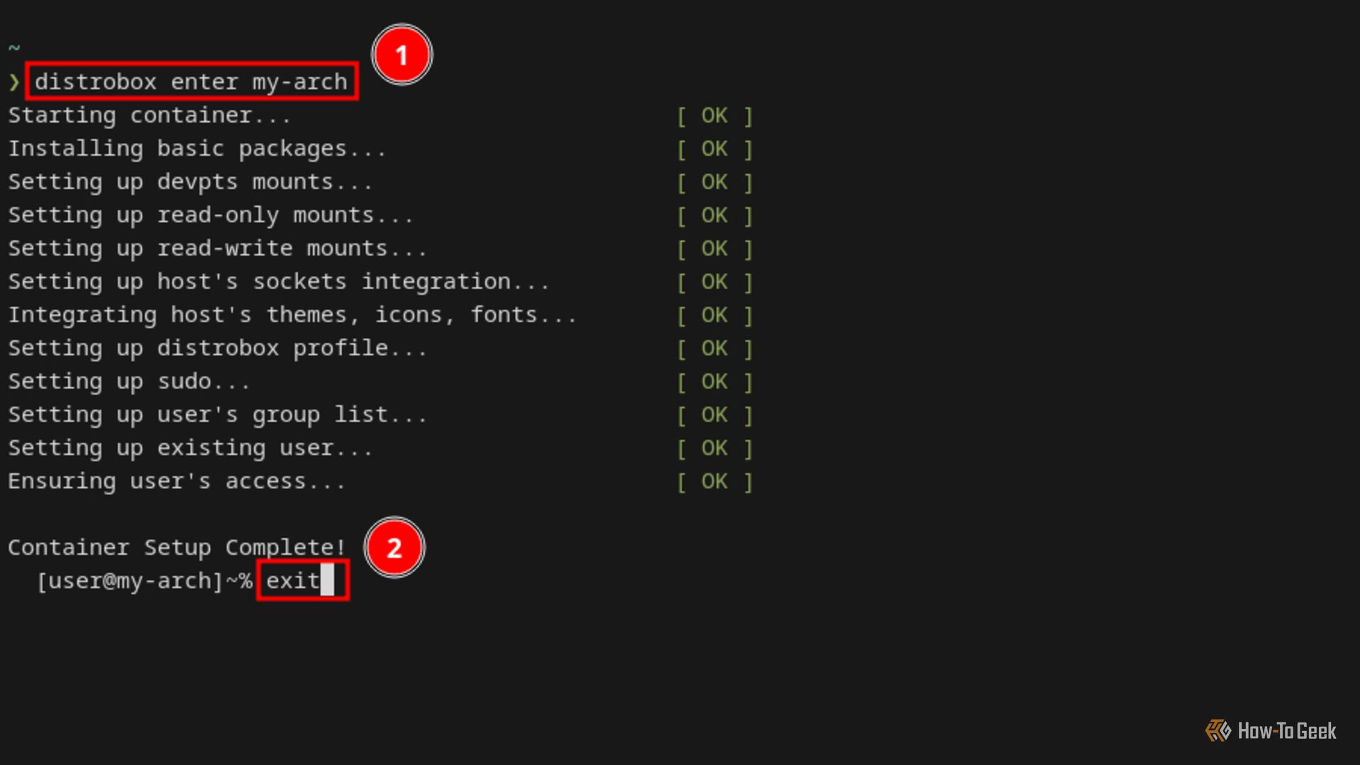 Терминал Linux показывает команду для входа в контейнер Distrobox. Команда подсвечена, также подсвечена команда exit.
