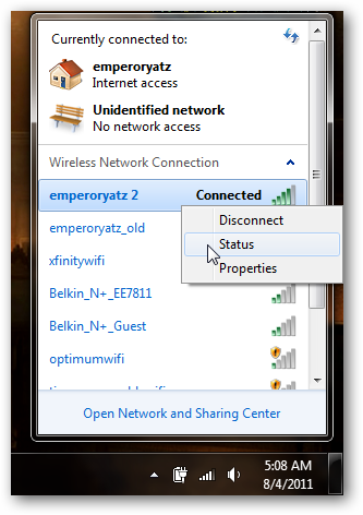 Скриншот статуса сетевого подключения в Windows