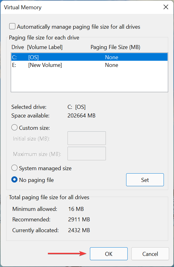 Включение автоматического управления размером файла подкачки