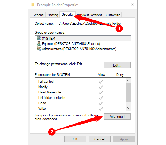 Вкладка «Безопасность», кнопка «Дополнительно».