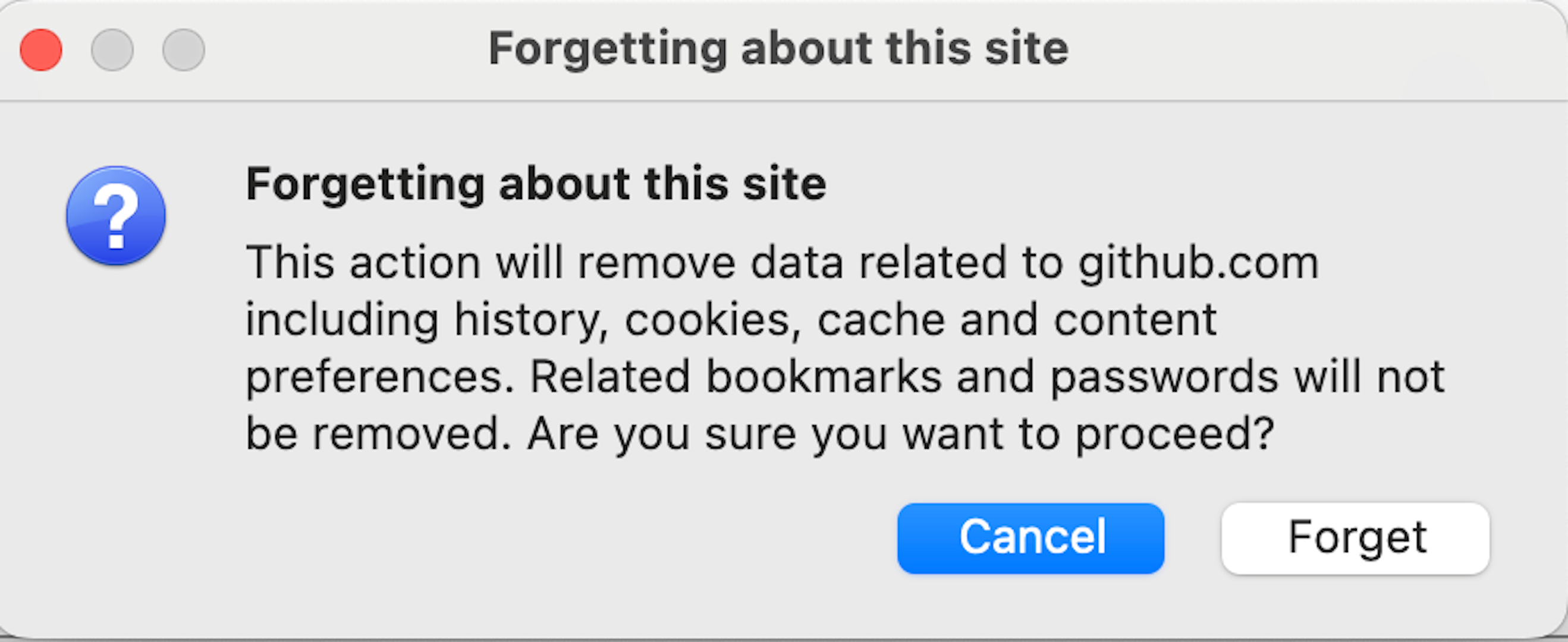 Подтверждение удаления истории сайта в Firefox.