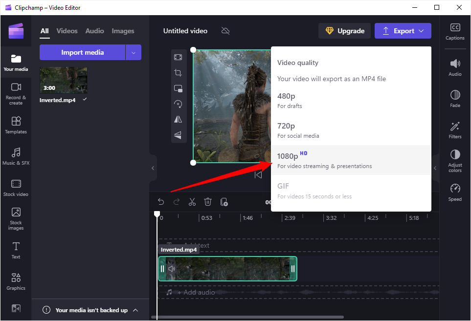 Выбор разрешения при экспорте в Clipchamp