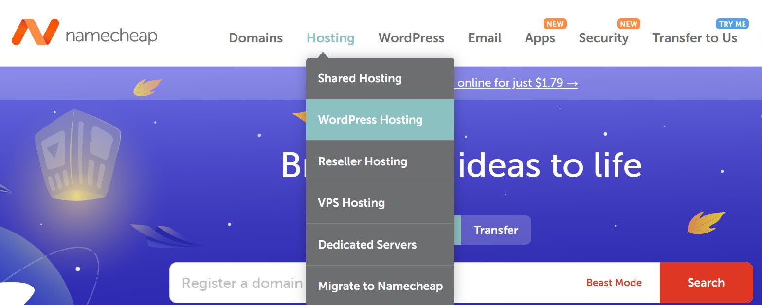 Интерфейс Namecheap с разделом WordPress Hosting