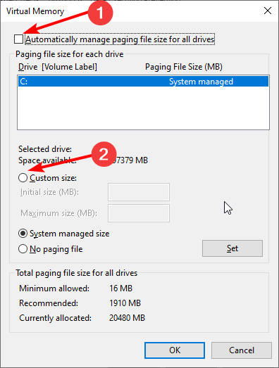Настройка пользовательского размера файла подкачки
