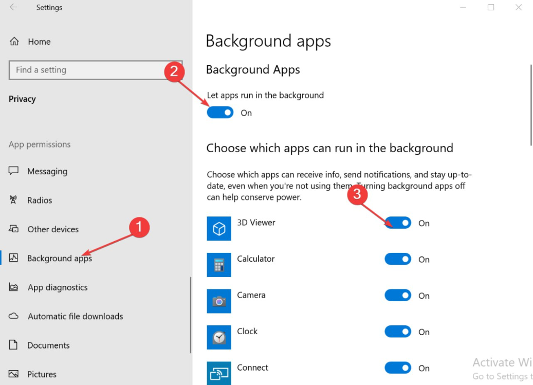 Переключатель «Разрешить приложениям работать в фоновом режиме» включён