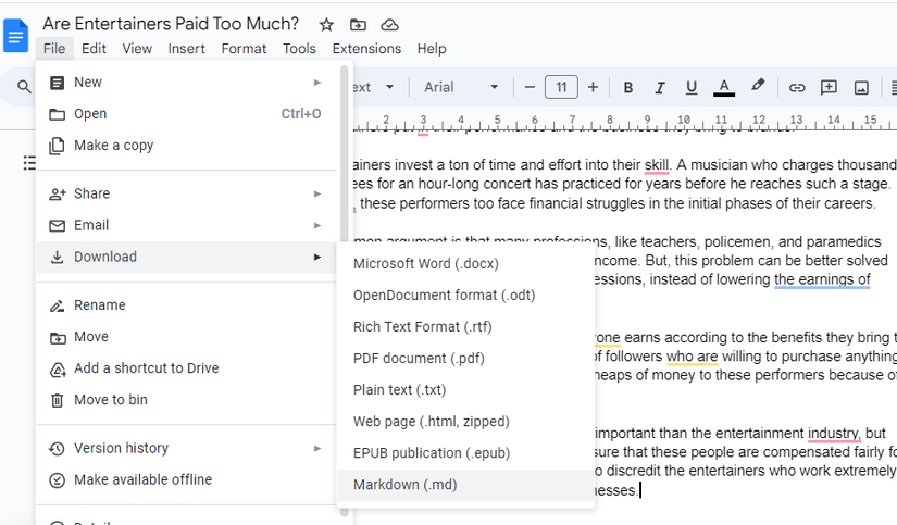 Скриншот: экспорт в Markdown из Google Docs.