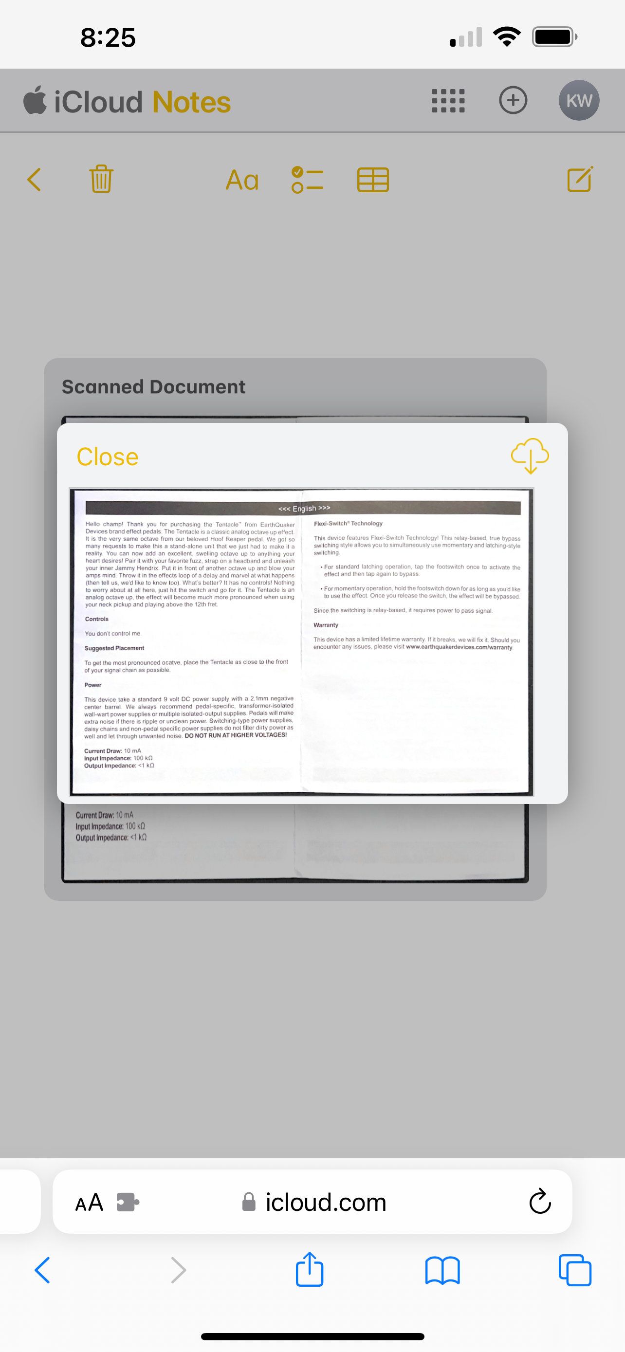 Иконка загрузки вложения в iCloud Notes на iPhone
