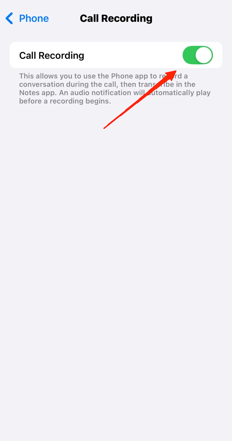 Переключатель Запись звонков в Настройках Телефона