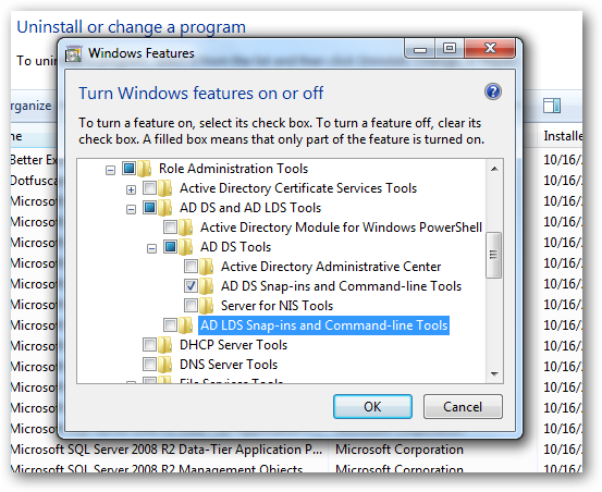 Панель установки компонентов RSAT и AD DS Snap-ins