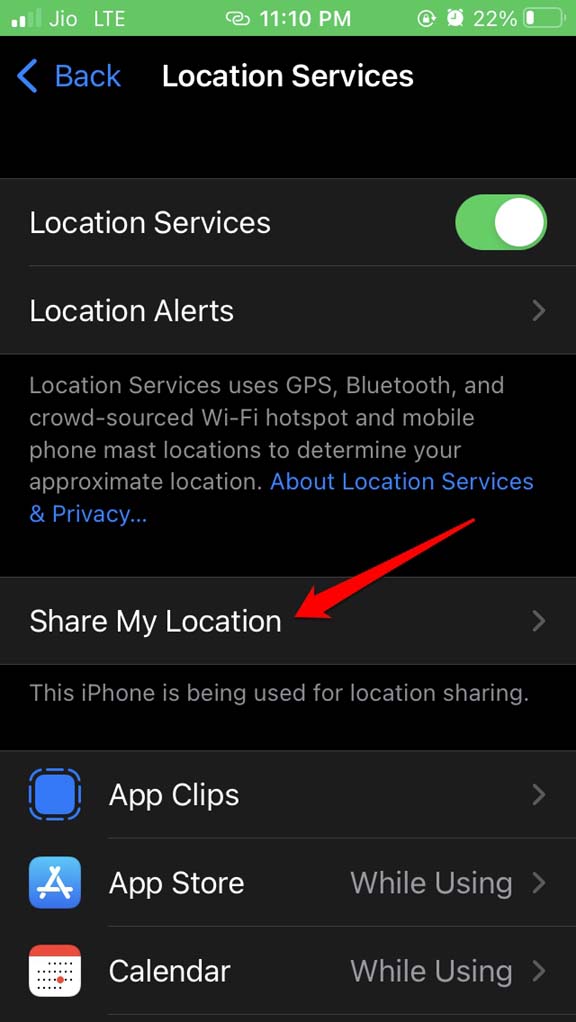 Переход к Поделиться местоположением