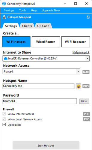 Интерфейс Connectify Hotspot в 2023 году