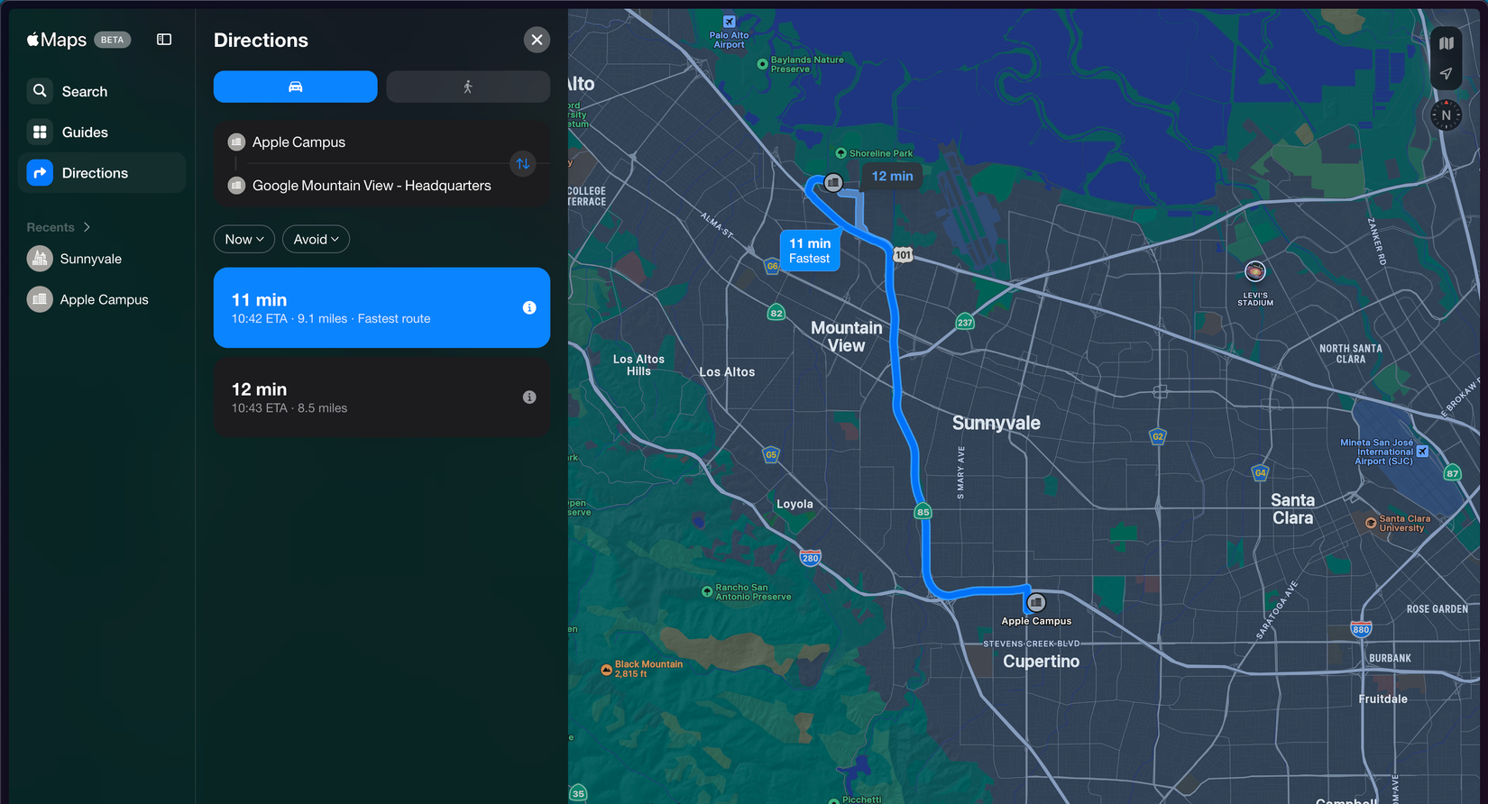 Apple Maps web app showing directions from Apple Campus to Google Mountain View Headquarters along with the ETA