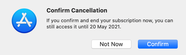 Подтверждение отмены через Mac App Store