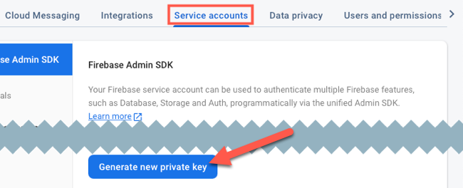 Сгенерируйте приватный ключ сервисного аккаунта Firebase