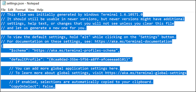 Пустой файл настроек Windows Terminal