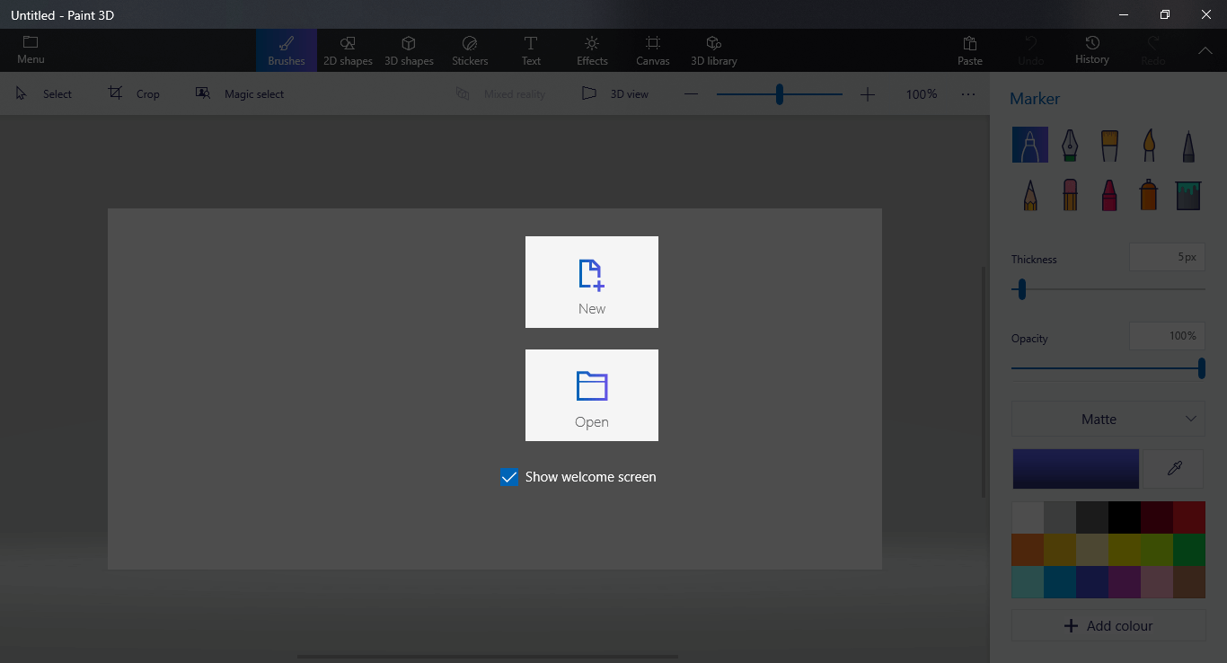 Стартовый экран Paint 3D с кнопкой 'Создать' и поиском