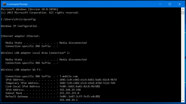 Команда ipconfig в Windows отображает IP-адрес и детали адаптера.