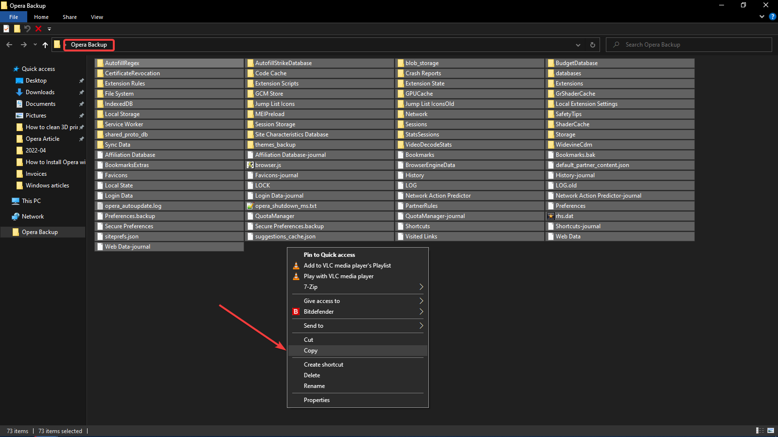 Скриншот: копирование файлов из папки Opera Backup