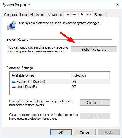 Выбор точки восстановления