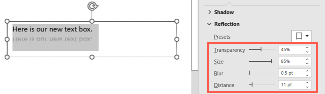 Параметры отражения: Прозрачность, Размер, Размытие, Расстояние